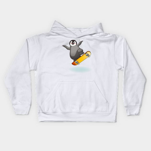 Happy emperor penguin chick with skateboard Kids Hoodie by tomodaging